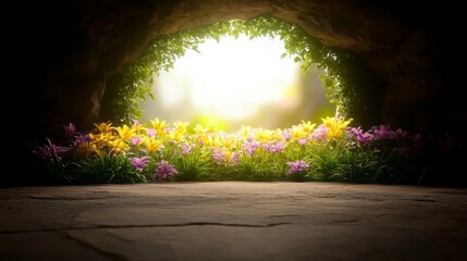 Canvas Print - Floral Cave Entrance With Sunlight Yellow Purple Flowers Nature Environment Landscape Scene.