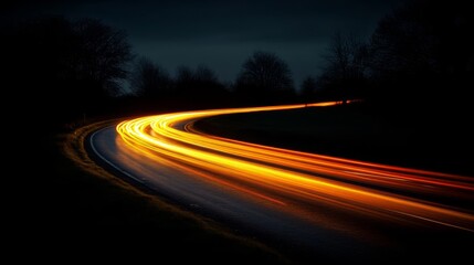 Poster - Curving road with light trails at night, dynamic movement and speed concept
