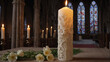© Michael - Ornate candle glowing in a serene church interior, accompanied by flowers and by vibrant stained glass, creating a peaceful and spiritual ambiance for worship and reflection.