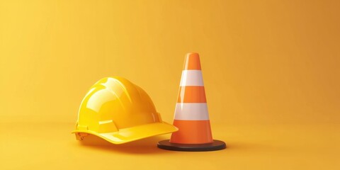 Construction Safety Gear: Yellow Hard Hat and Traffic Cone on Yellow Background, Safety First Concept