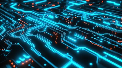 Poster - Futuristic Circuit Board Design with Neon Blue and Orange Highlights