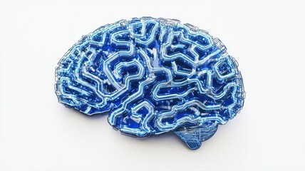 Poster - Futuristic Blue Brain with Circuit Patterns on White Background