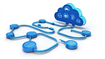 Poster - 3D Illustration of Cloud Computing Network with Blue Icons and Connections