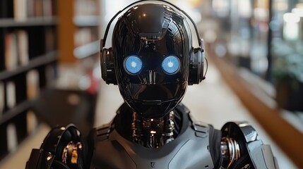 Poster - Futuristic robot with headphones, glowing eyes.