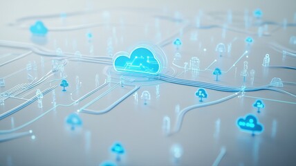 Poster - Digital Cloud Network with Connecting Lines and Icons in Blue