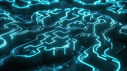 Poster - Futuristic Abstract Circuit Board with Neon Blue Lighting Effects