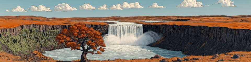 Wall Mural - Majestic Waterfall Landscape in Autumn with Vibrant Orange Maple Tree and Dramatic Cliffs Under Blue Sky and White Clouds Perfect for Nature Lovers and Artists