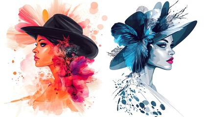 Aufkleber - Two stylized female portraits with one in warm oranges and reds, the other cool blues greys For showcase contrasting aesthetics Concept.