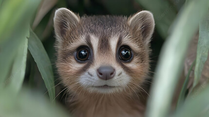 Wall Mural - Cute baby raccoon hiding in green grass