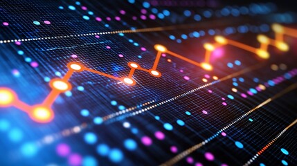 Poster - Financial data trend graph, digital screen, glowing nodes, market analysis, business report