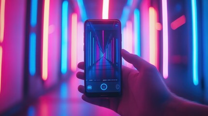 Poster - Hand holding phone, capturing vibrant neon lights.