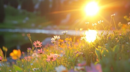 Wall Mural - Sunset illuminating vibrant wildflowers near a tranquil stream.