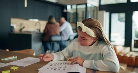 Poster - Study, girl and writing homework in home for school assignment, knowledge development and circle answer. Student, papers and homeschool project for learning, quiz and exam assessment at dining table