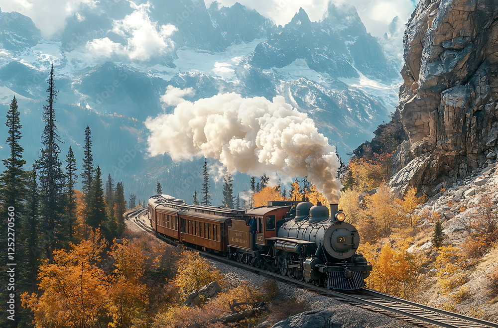 A vintage steam train moving through the mountain Stock Illustration ...