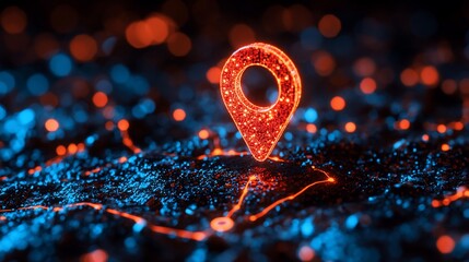 Poster - Glowing location pin on dark terrain, digital map background; website navigation
