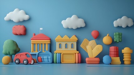 Wall Mural - Colorful 3D rendered cartoon town scene.