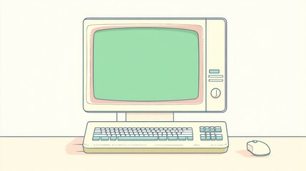 Poster - Retro computer illustration, pastel colors, simple design, digital workspace