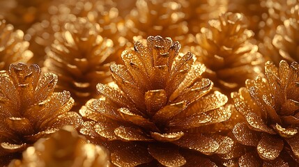 Poster - Golden pine cones texture, holiday background, festive decor
