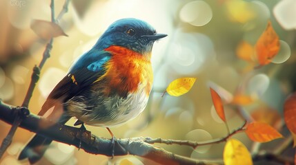 Canvas Print - A vibrant blue and orange bird perched on a branch surrounded by autumn leaves and soft bokeh background