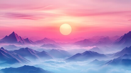 Wall Mural - Pink and blue sunset over misty mountains.