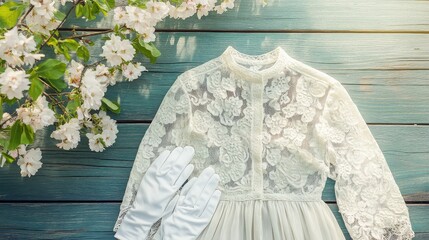 Poster - A delicate lace blouse and a pair of white gloves placed on a vintage wooden table with subtle pastel flowers in the background, evoking Easter Sunday style.