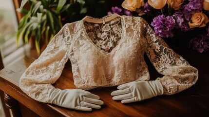 Poster - A delicate lace blouse and a pair of white gloves placed on a vintage wooden table with subtle pastel flowers in the background, evoking Easter Sunday style.