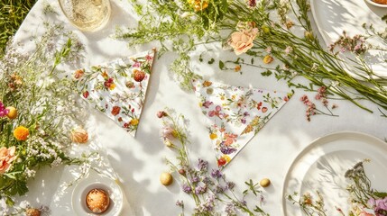 Poster - A delicate string of Easter bunting with floral motifs, arranged perfectly above a cozy springtime table setting.