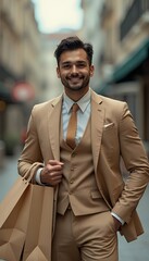 tan image suit bags a shopping holding man man tan suit holding shopping bag man 1 person adult life