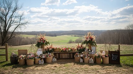 Poster - A large outdoor field with an arrangement of Easter-themed decor items like baskets and flowers, creating a welcoming environment for a community event.