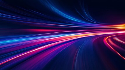 Poster - Futuristic neon light trails on a road at night, dynamic motion. Technology and innovation concept