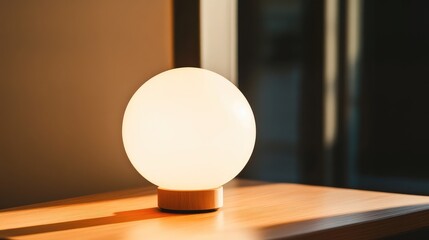 Poster - A modern minimalist table lamp casting a soft glow on a wooden surface, representing knowledge, clarity, and inspiration.