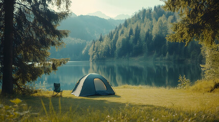 camping tent in forest near lake