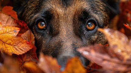 Canvas Print - Close-up of a dog's eyes peering through vibrant autumn leaves, showcasing nature's beauty and seasonal change