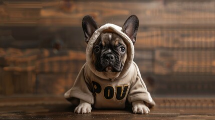 Wall Mural - Cute French Bulldog puppy wearing a cozy hoodie, sitting on a wooden surface with a warm, rustic background