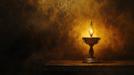 Poster - A single antique oil lamp glowing in the darkness, symbolizing wisdom, guidance, and enlightenment. Warm golden light creates a peaceful atmosphere.