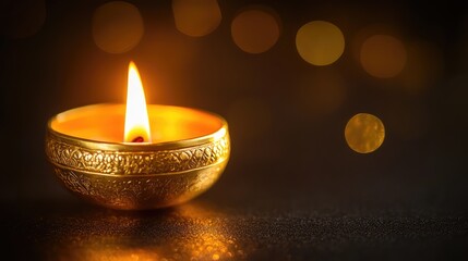 Poster - A single antique oil lamp glowing in the darkness, symbolizing wisdom, guidance, and enlightenment. Warm golden light creates a peaceful atmosphere.