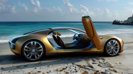 Wall Mural - A futuristic golden sports car with butterfly doors parked on a serene beach under a bright blue sky