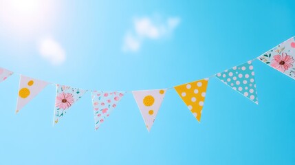 Poster - A string of paper Easter bunting featuring floral and polka dot patterns, gently swaying under a clear blue sky.