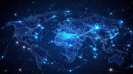 Global communication network concept with interconnected business nodes across the world, viewed from space