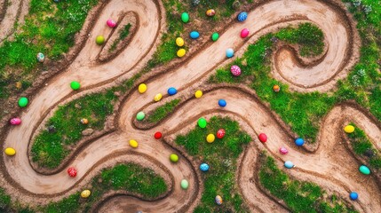 Wall Mural - A top-down view of a winding Easter egg rolling course made of dirt and grass, with scattered colorful eggs mid-race. Copy space in the sky.