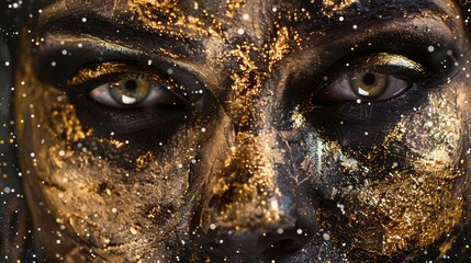 Wall Mural - Close-up of a person with intricate gold and black face paint, surrounded by a soft, sparkling background