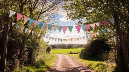 Poster - Easter bunting set up in a beautiful countryside setting, draped elegantly over a wooden archway.