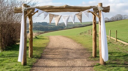 Poster - Easter bunting set up in a beautiful countryside setting, draped elegantly over a wooden archway.