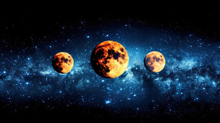 Wall Mural - breathtaking view of three glowing moons against starry night sky, evoking sense of wonder and tranq