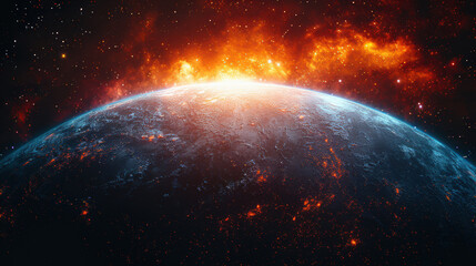 Wall Mural - breathtaking view of planet with fiery clouds and starry background, showcasing beauty of cosmos