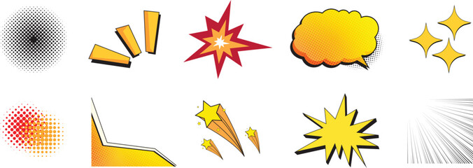 set of comic effect shape with pop art style. speech bubbles halftone dot background. comic surprise