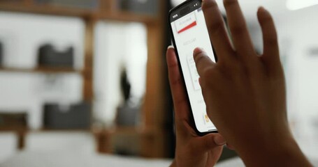 Aufkleber - Hands, phone screen and person with online order, ecommerce and shopping with website. Customer, house and consumer with smartphone, digital app and internet with connection, decision and network