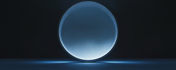 Poster - Illuminated circular object in dark room, with glowing blue light. Futuristic design and mystery concept