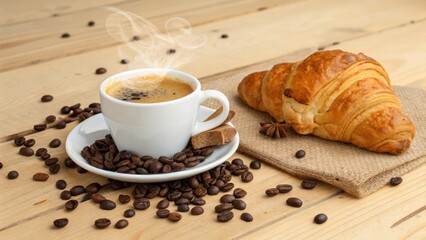 Wall Mural - Aromatic Coffee with Steaming Espresso and Buttery Croissant