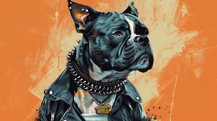 A stylized portrait of a confident dog wearing a spiked collar against an abstract orange background